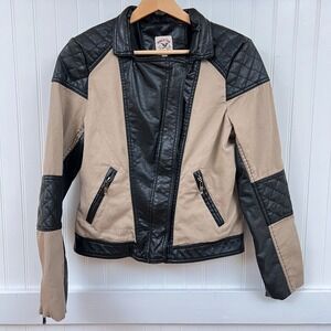 American Culture Women's Moto Jacket Faux Leather Biker Grunge Tan Black Quilted